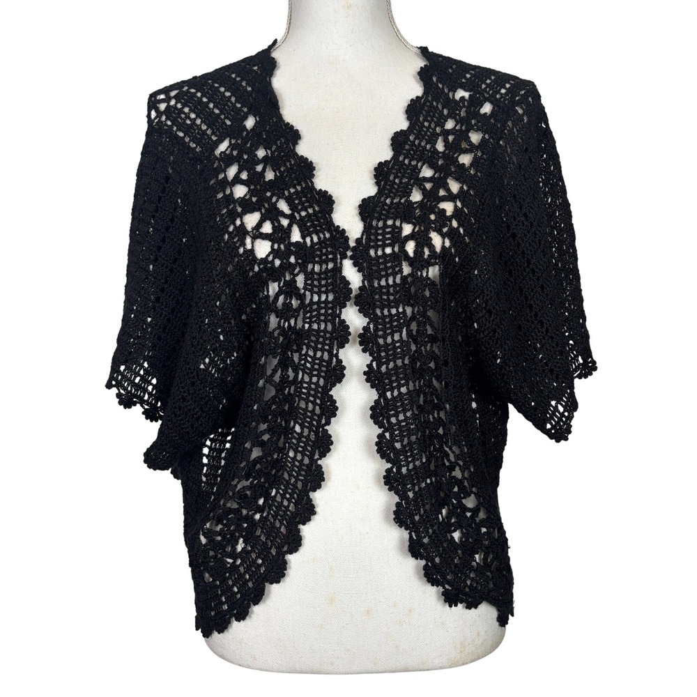 Black Crochet Cardigan Womens 1X Boho Shrug Lace Whimsigoth Floral Scalloped